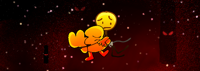 An algebralien hugging a stick man with yellow head in the space-like void, accompanied by Evil Shadow Marker.