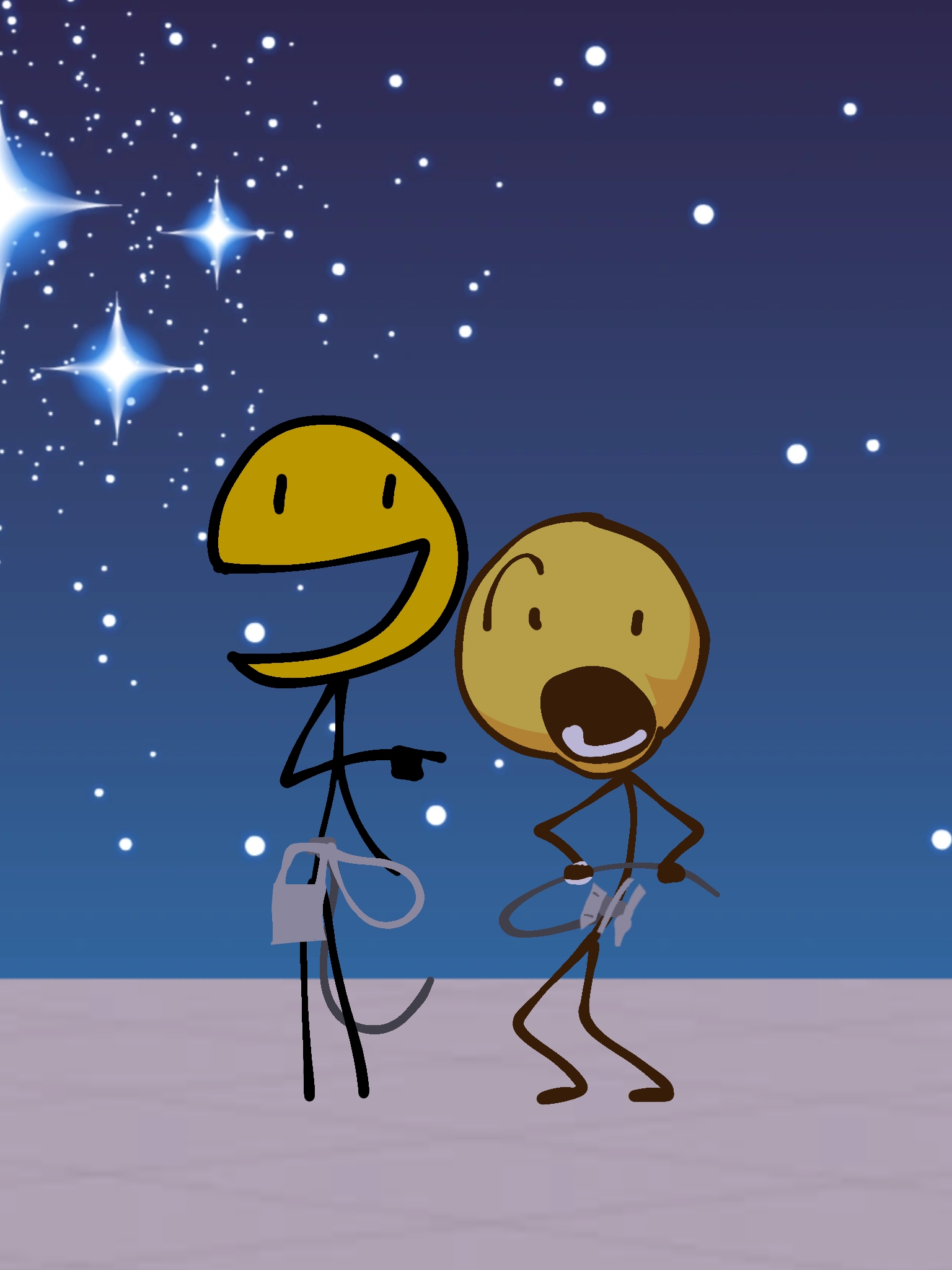 A photo titled "IMG_2763.jpg". Two stickmen drawing with yellow head posed on a starry night outside. Michael (left) pointed his finger at Cary (right) who held his own lasso belt.