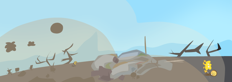 Barren Grasslands with destroyed hotel. Forty-Three and Cary are there on very right, and Michael on the left. There are crowds on the left, and BFDI characters such as Pin, Ice Cube, Eraser, Puffball, Cloudy, Black Hole, Golf Ball and Tennis Ball on the left too.